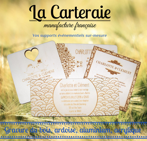 Carteraie, faire-part, menu, empreintes grav sur bois, aluminium, ardoise